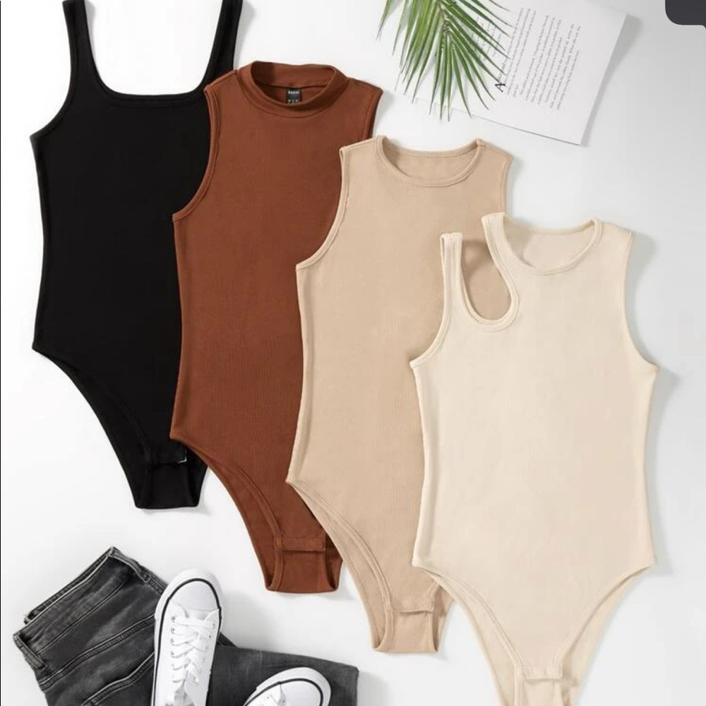 4 pcs Solid Ribbed Knit Bodysuit